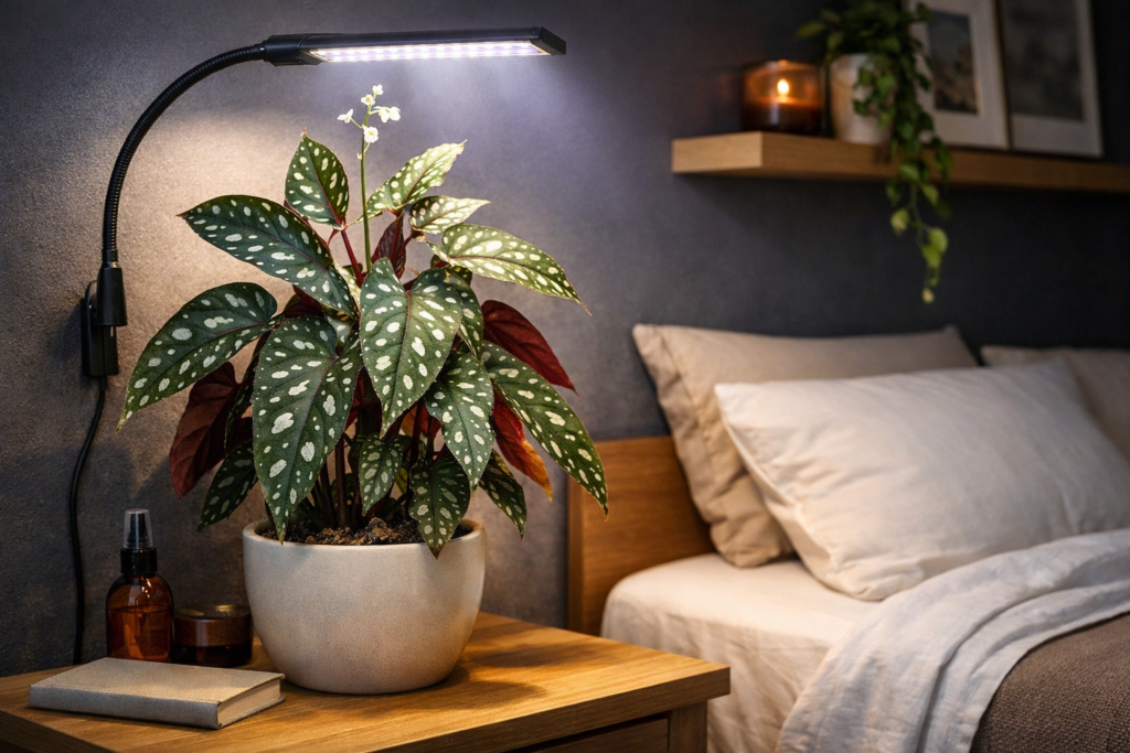 Begônia Maculata em vaso dentro de quarto pequeno iluminada por luz LED para cultivo indoor.