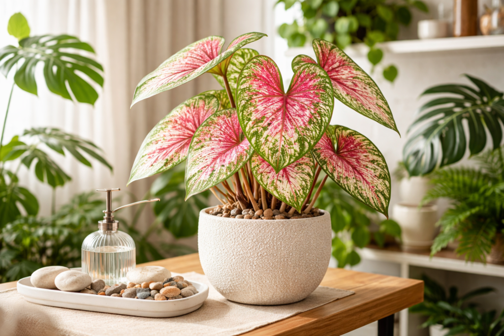 Caladium ornamental cultivado em ambiente interno com decoração tropical, destacando folhas coloridas e microclima úmido ideal para o desenvolvimento saudável da planta.
