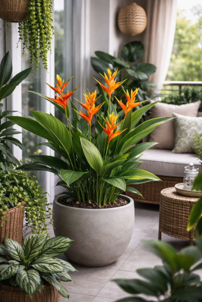 Helicônia Papagaio ornamental cultivada em vaso em varanda pequena com sol parcial, destacando as flores tropicais vibrantes e a composição decorativa com outras plantas em um ambiente de urban jungle.