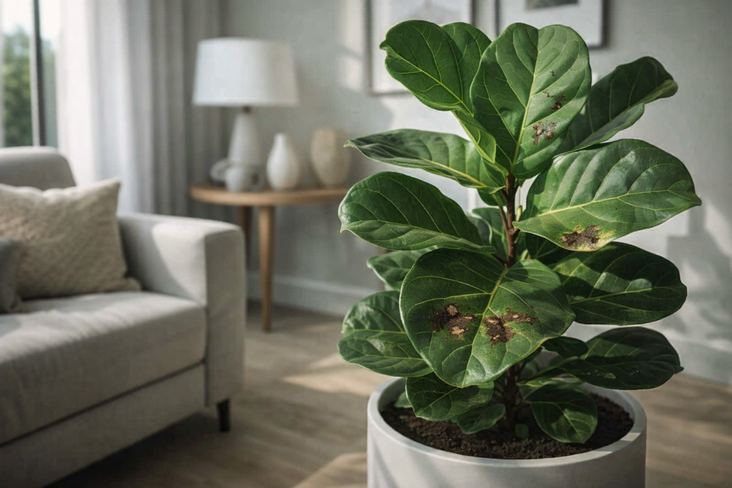 Ficus Lyrata compacto em vaso dentro de sala fechada com sinais de fungos nas folhas.