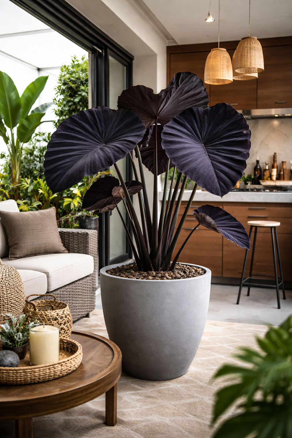 Guia completo da Colocasia Black Magic em vasos grandes de varanda gourmet