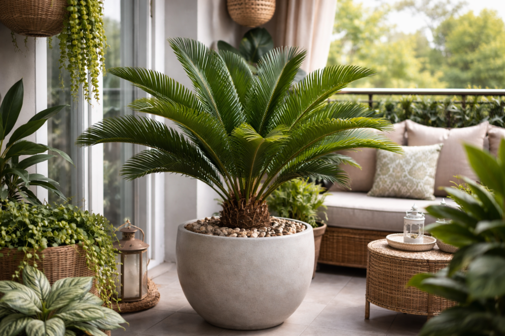 Cica Revoluta ornamental cultivada em vaso grande em sacada de apartamento ensolarada, destacando a folhagem tropical escultural e a composição decorativa com elementos naturais em ambiente externo sofisticado.