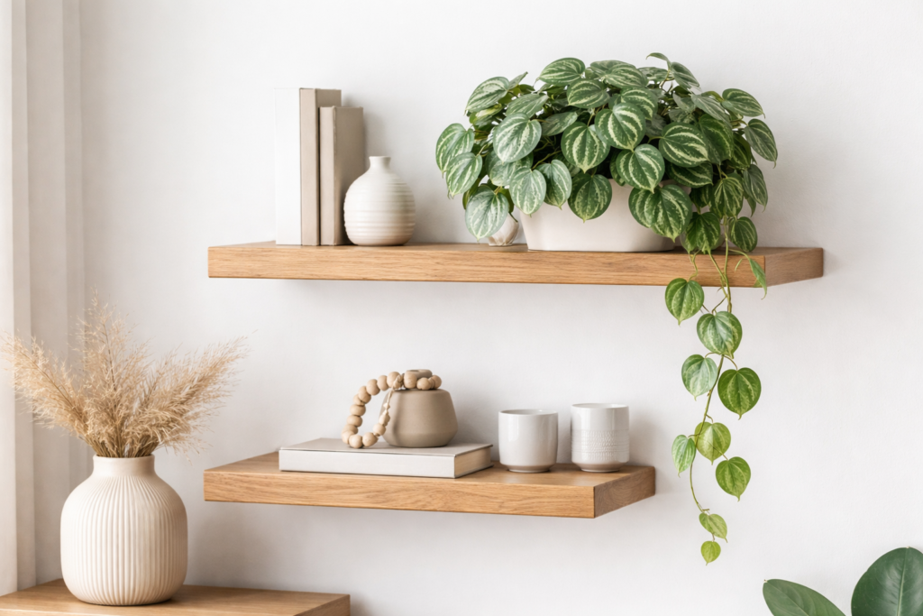 Peperômia Melancia ornamental posicionada em estante suspensa minimalista, exemplo de decoração com plantas compactas para ambientes internos.