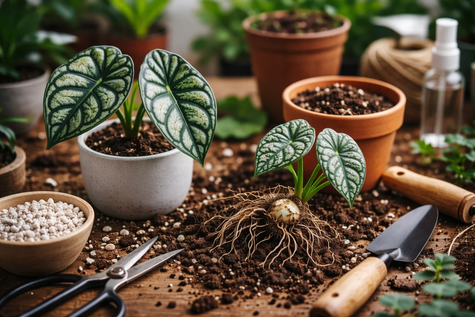 Passo a passo para multiplicar Alocasia Dragon Scale ornamental rara em vasos pequenos