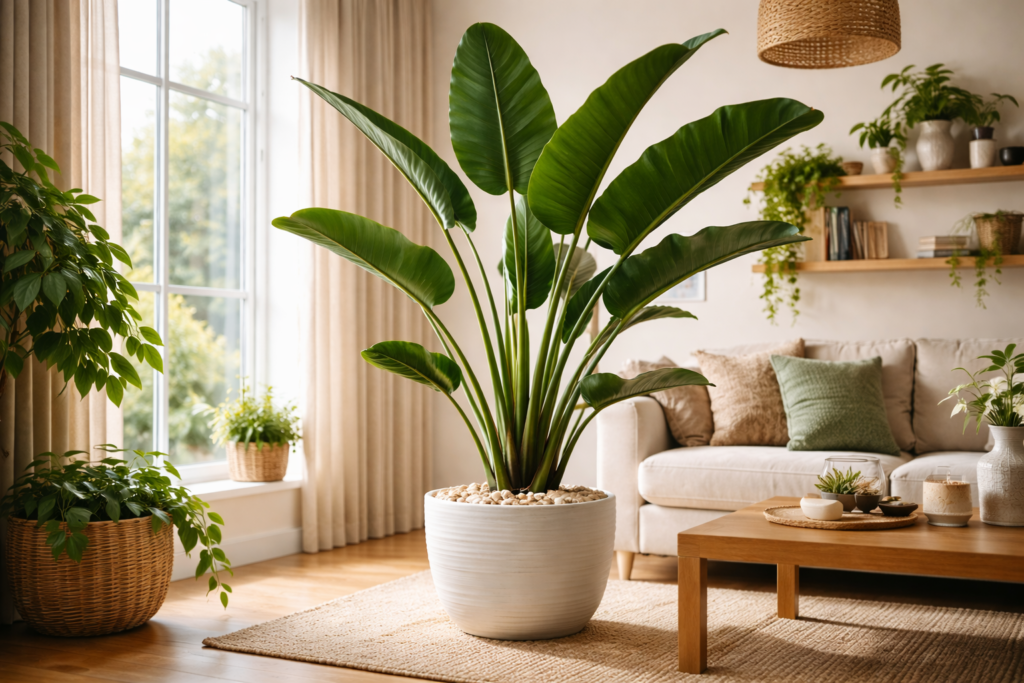 Strelitzia Nicolai cultivada em sala de apartamento com iluminação natural suave, destacando como plantas tropicais podem transformar ambientes internos quando recebem luz, espaço e ventilação adequados.