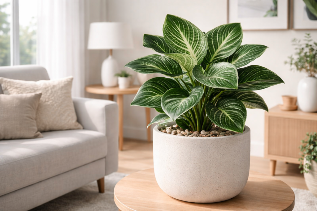 Philodendron Birkin em vaso ideal para decoração escandinava de apartamento.